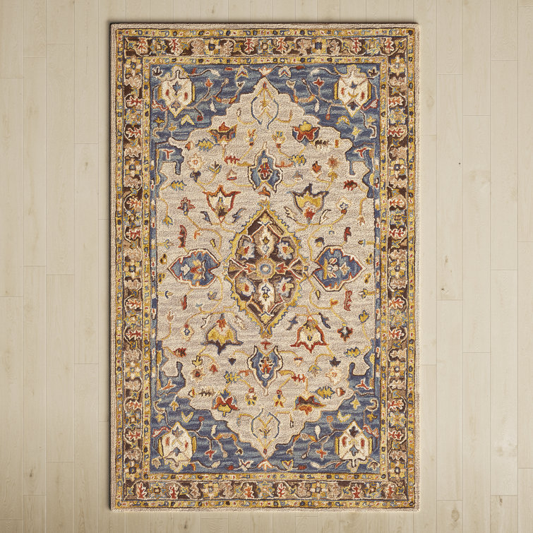 Alford Oriental Handmade Tufted Wool Taupe/Dark Blue/Light Gray Area